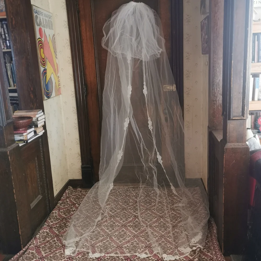 Vintage 60s Wedding Dress Long Veil Train Ruffles Floral Lace Barbie Pink 1960 - Picture 6 of 16